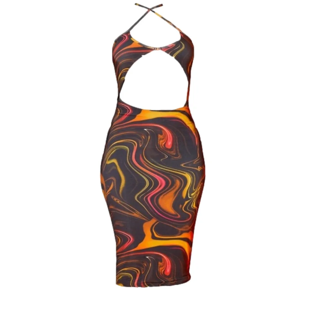 PRETTYLITTLETHING Orange Marbel Print Cut out Dress Size 4